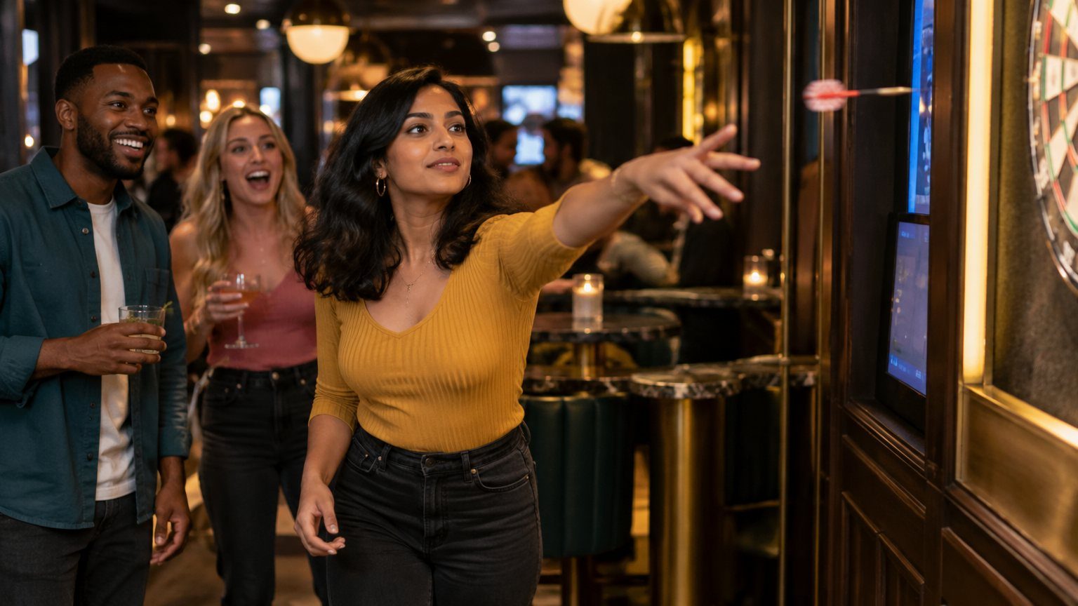 Sophie throwing a dart as her friends react